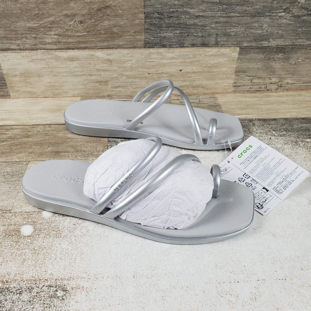 Crocs Miami Toe Loop Sandals Womens Sz 8 Silver Metallic Flat Open Square Toe